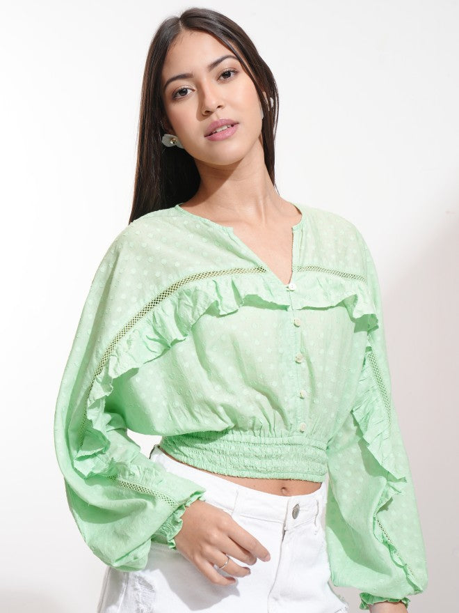 Tokyo Talkies Women Green Self Design Regular Top - Green - Image 6