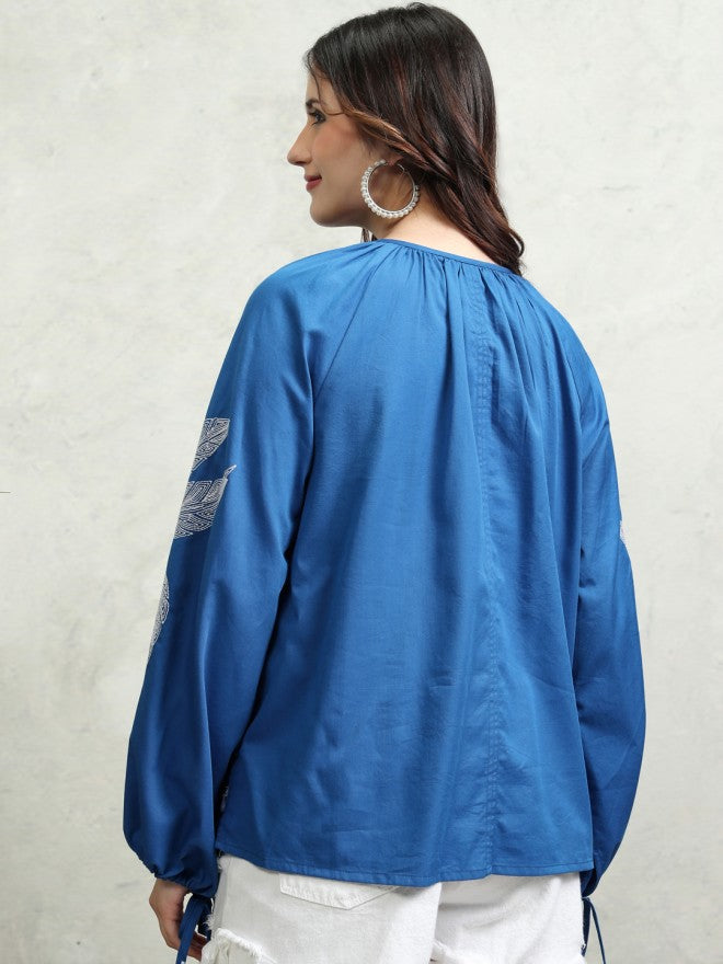 Tokyo Talkies Women Blue Embroidered Regular Top - Blue - Image 3