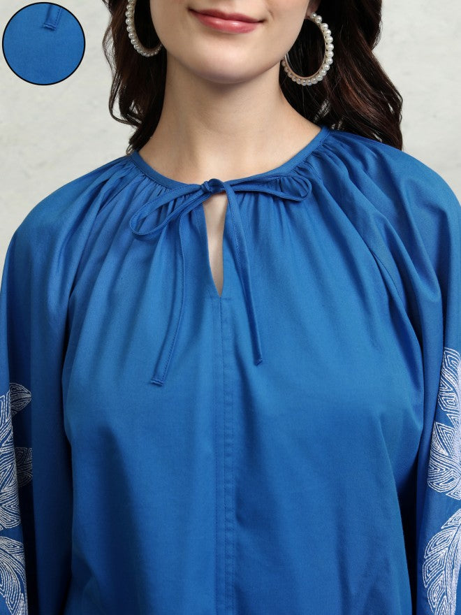 Tokyo Talkies Women Blue Embroidered Regular Top - Blue - Image 5