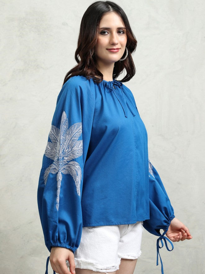 Tokyo Talkies Women Blue Embroidered Regular Top - Blue - Image 6