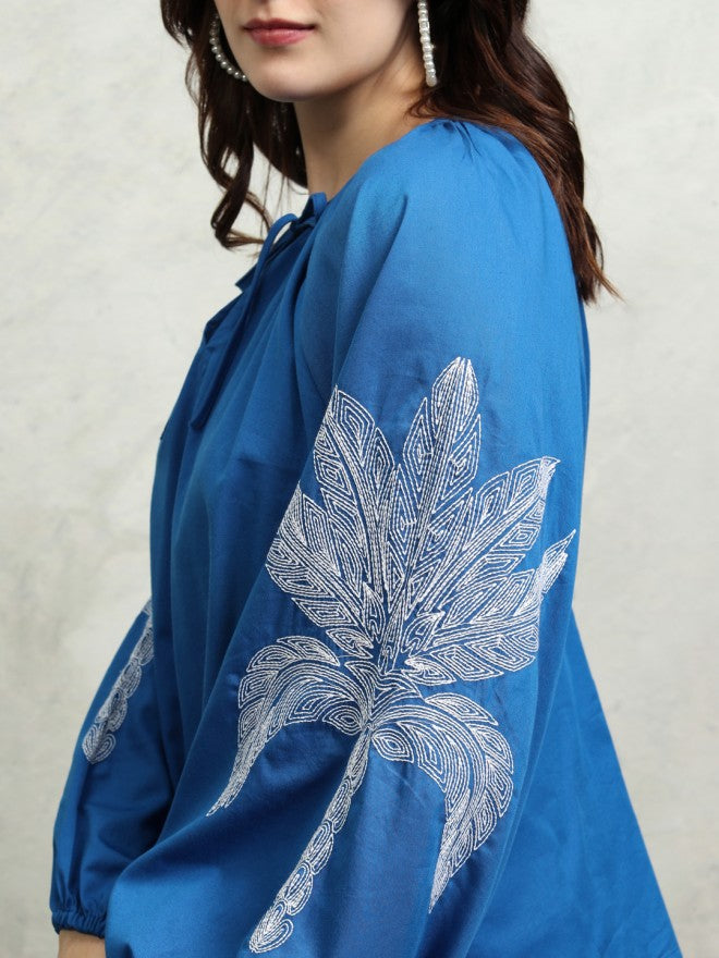 Tokyo Talkies Women Blue Embroidered Regular Top - Blue - Image 7