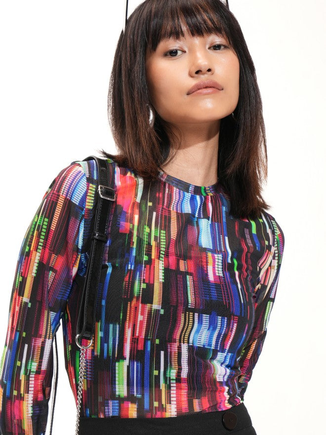 Tokyo Talkies Women Black Printed Fitted Top - Black - Image 1