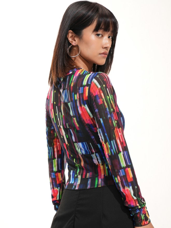 Tokyo Talkies Women Black Printed Fitted Top - Black - Image 3