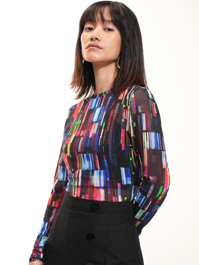 Tokyo Talkies Women Black Printed Fitted Top - Black - Image 4