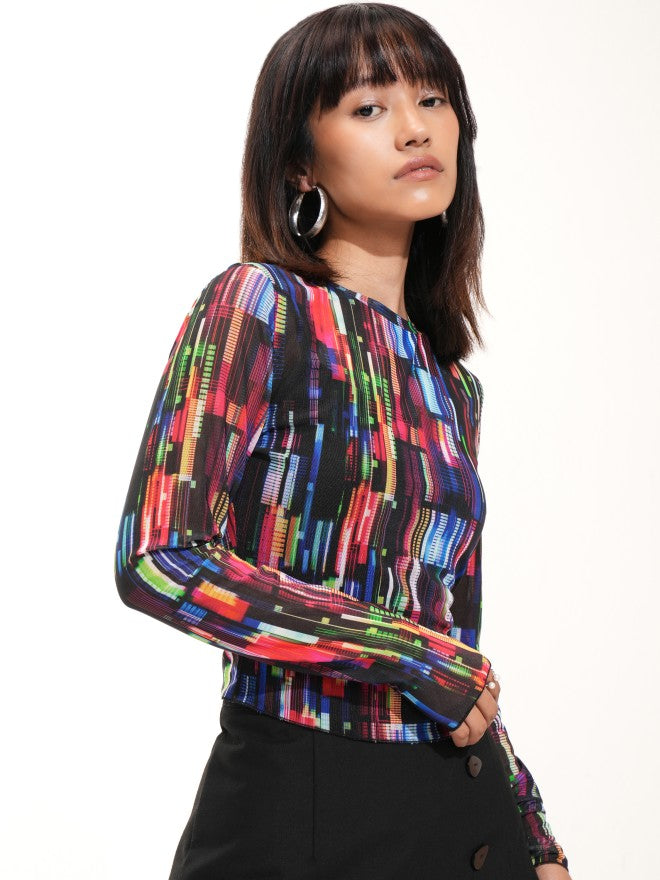 Tokyo Talkies Women Black Printed Fitted Top - Black - Image 6