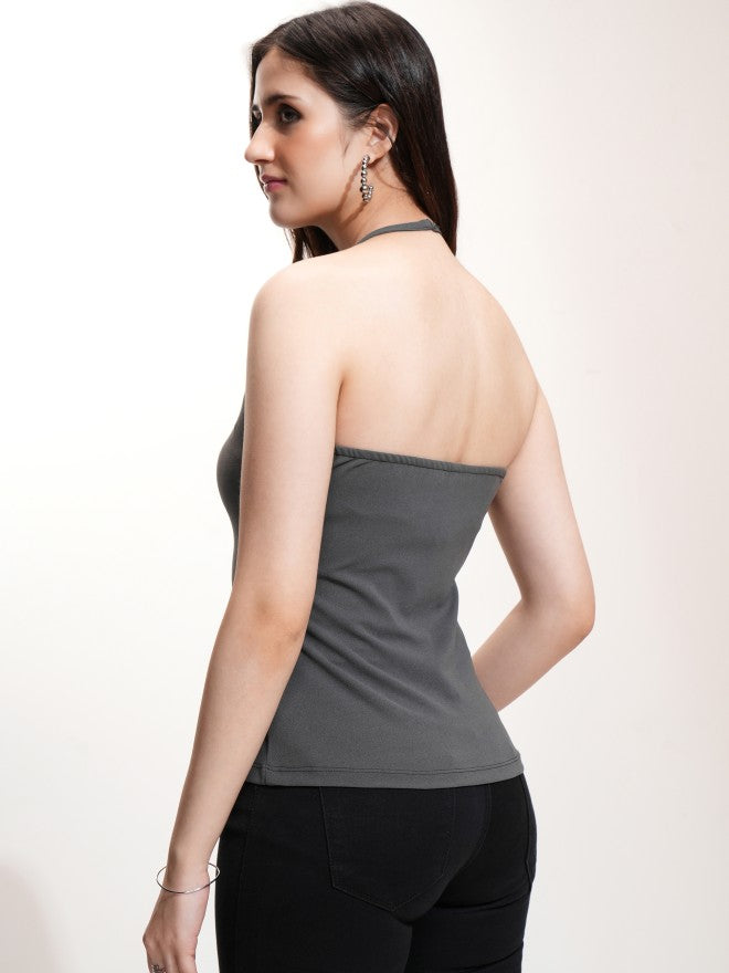 Tokyo Talkies Women Grey Solid Fitted Top - Grey - Image 3