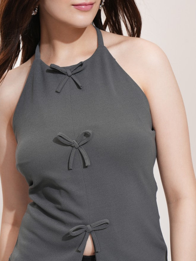 Tokyo Talkies Women Grey Solid Fitted Top - Grey - Image 5