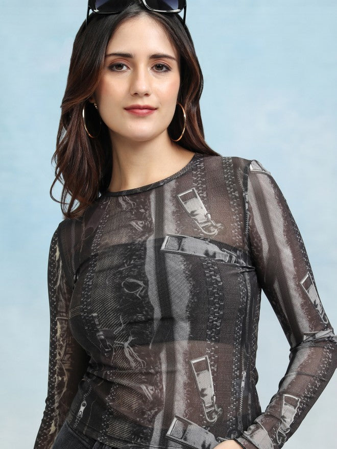 Tokyo Talkies Women Brown Printed Regular Crop Top - Brown - Image 1