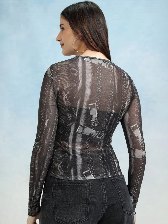 Tokyo Talkies Women Brown Printed Regular Crop Top - Brown - Image 3