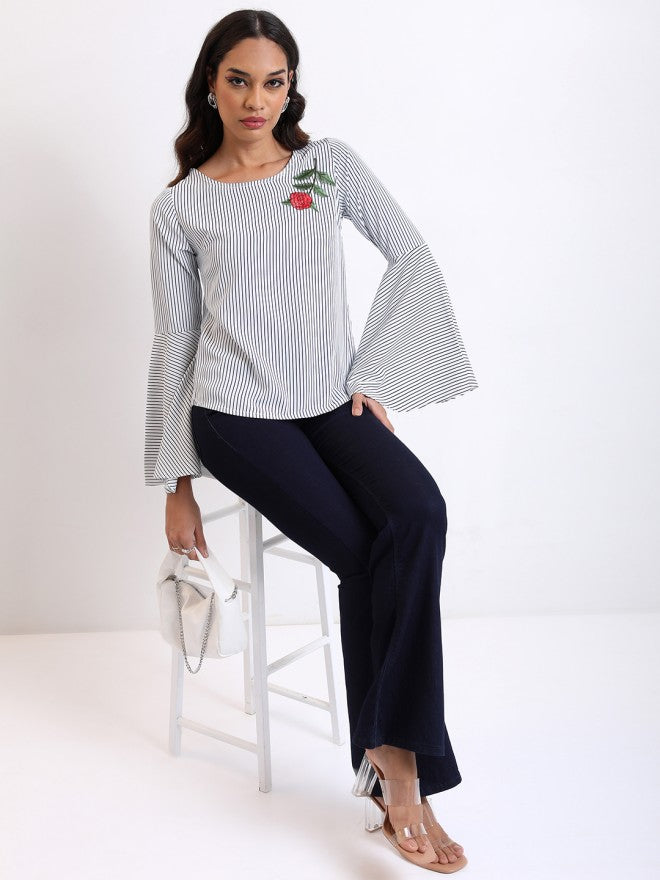 Tokyo Talkies Women Navy Blue Striped Regular Top - Navy Blue - Image 1