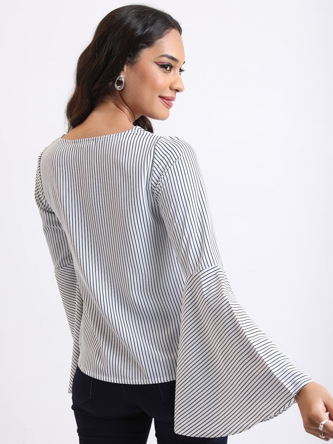 Tokyo Talkies Women Navy Blue Striped Regular Top - Navy Blue - Image 2