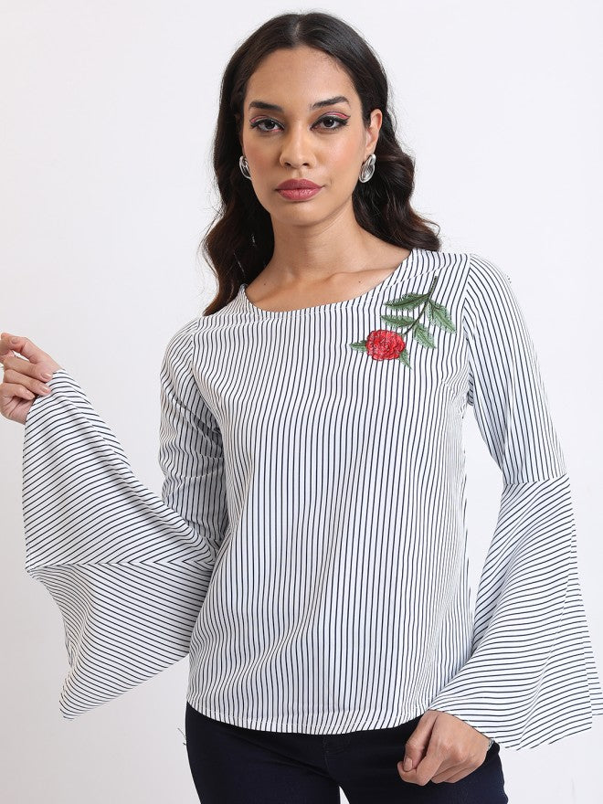 Tokyo Talkies Women Navy Blue Striped Regular Top - Navy Blue - Image 3
