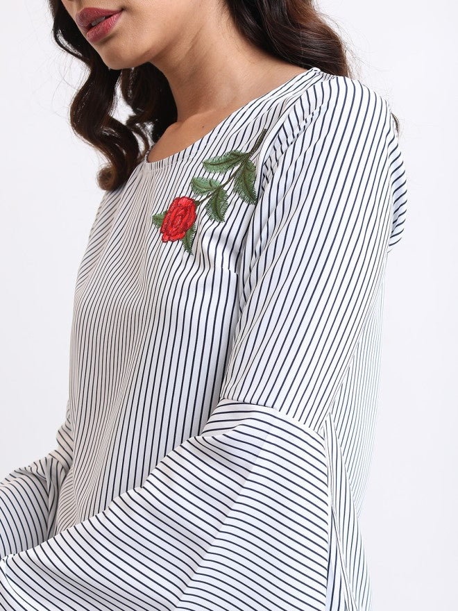 Tokyo Talkies Women Navy Blue Striped Regular Top - Navy Blue - Image 4