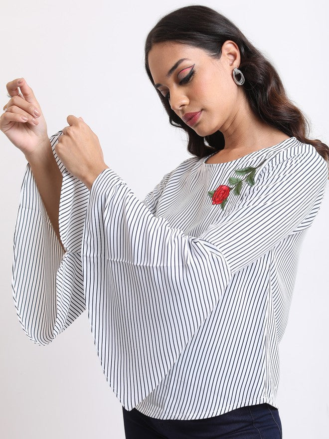 Tokyo Talkies Women Navy Blue Striped Regular Top - Navy Blue - Image 5