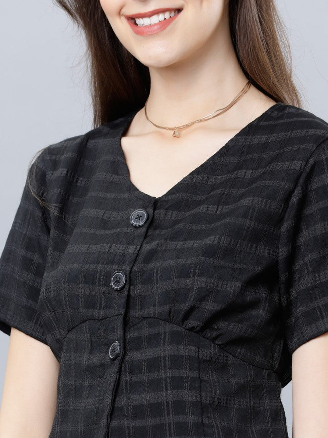 Tokyo Talkies Women Black Checked Regular Top - Black - Image 3