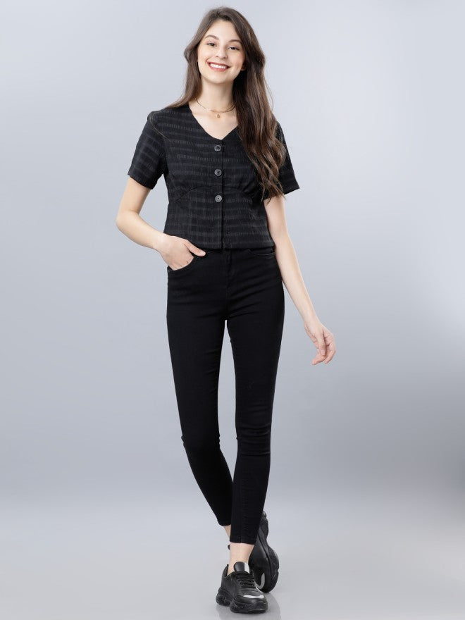 Tokyo Talkies Women Black Checked Regular Top - Black - Image 4