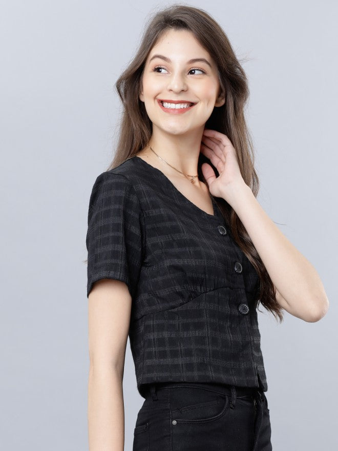 Tokyo Talkies Women Black Checked Regular Top - Black - Image 5