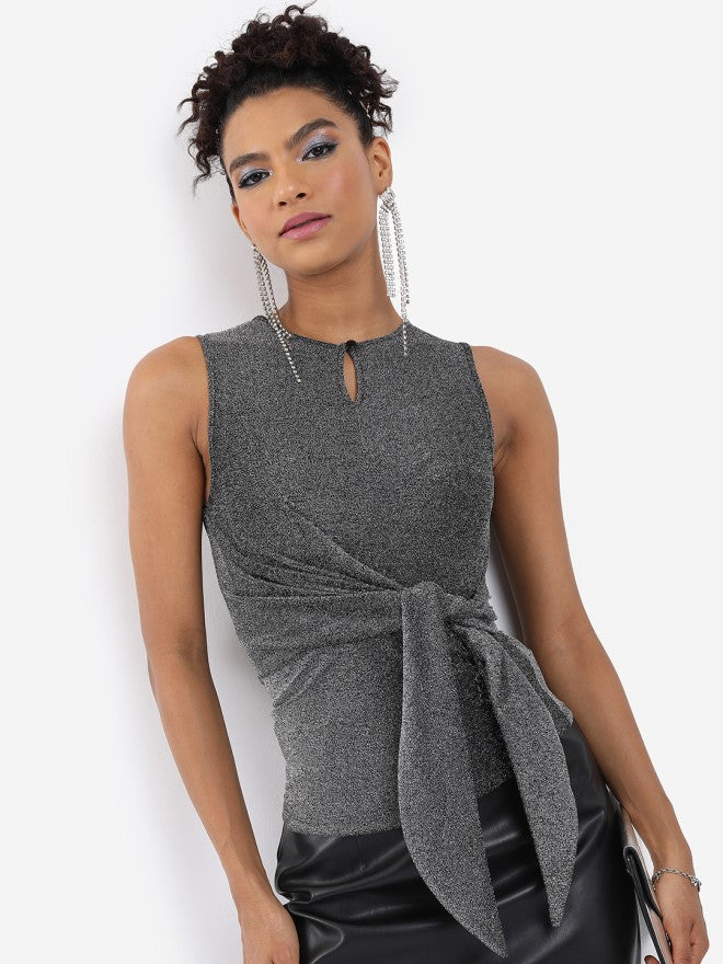 Tokyo Talkies Women Black Self Design Regular Top - Black - Image 3