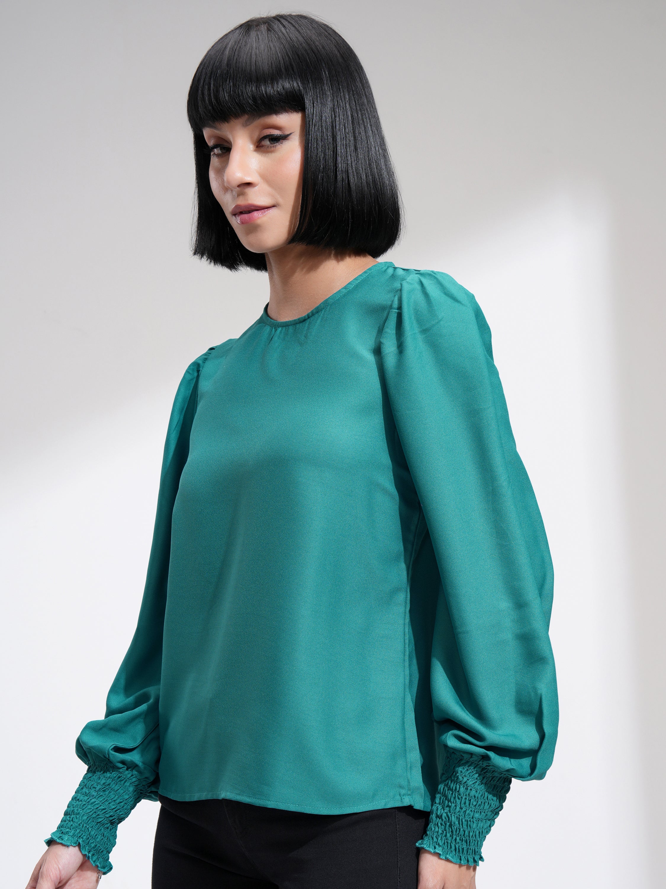 Tokyo Talkies Women Green Solid Regular Top - Green - Image 4