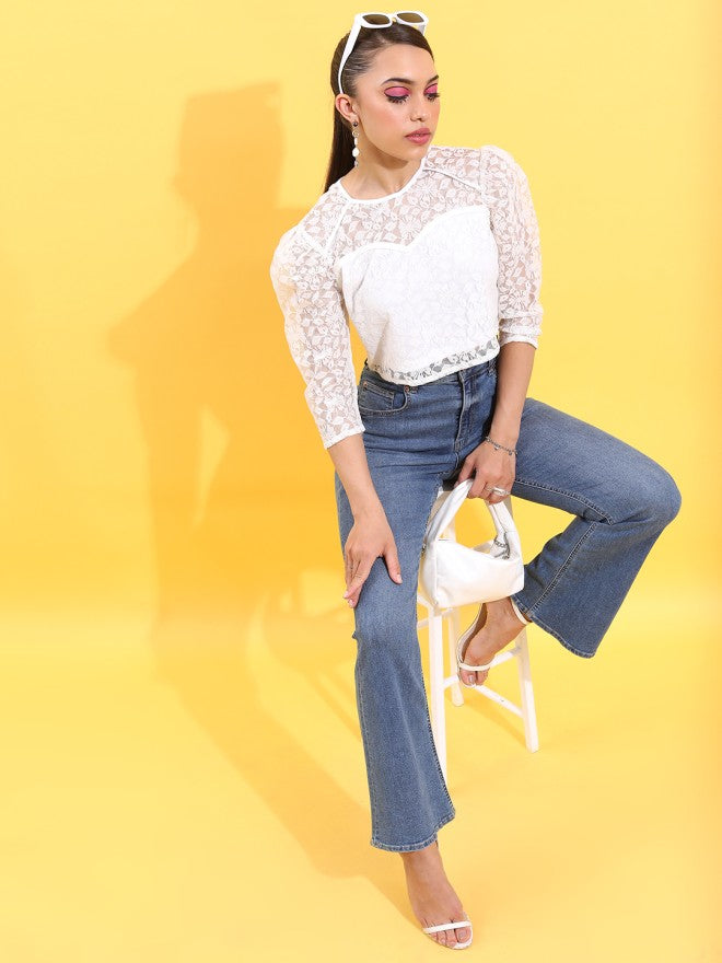 Tokyo Talkies Women White Self Design Regular Top - White - Image 1