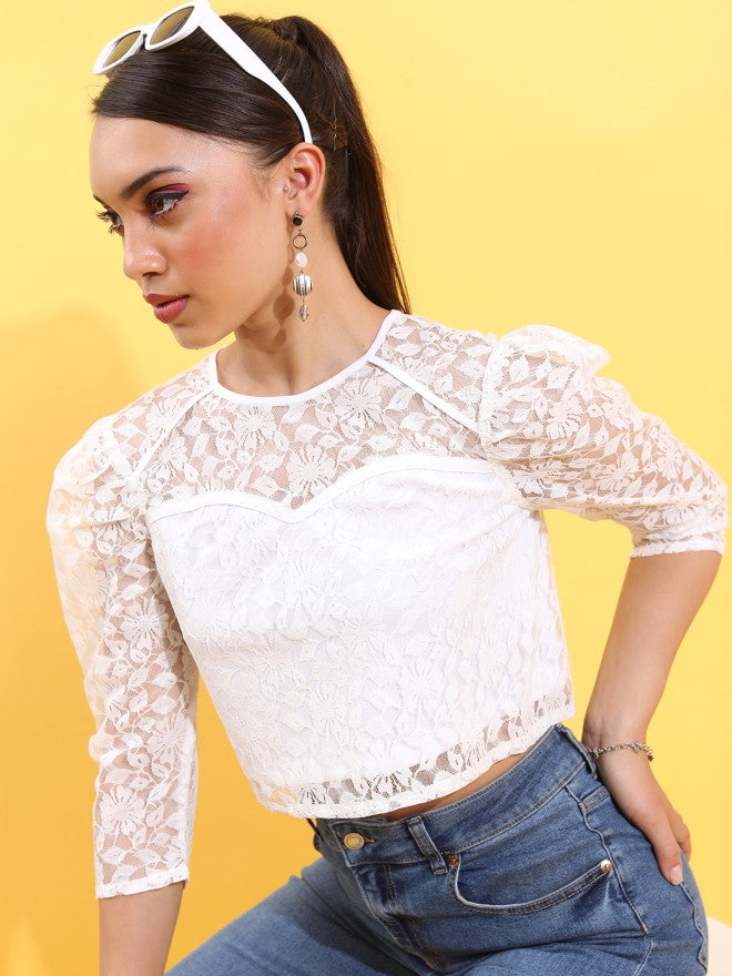Tokyo Talkies Women White Self Design Regular Top - White - Image 5