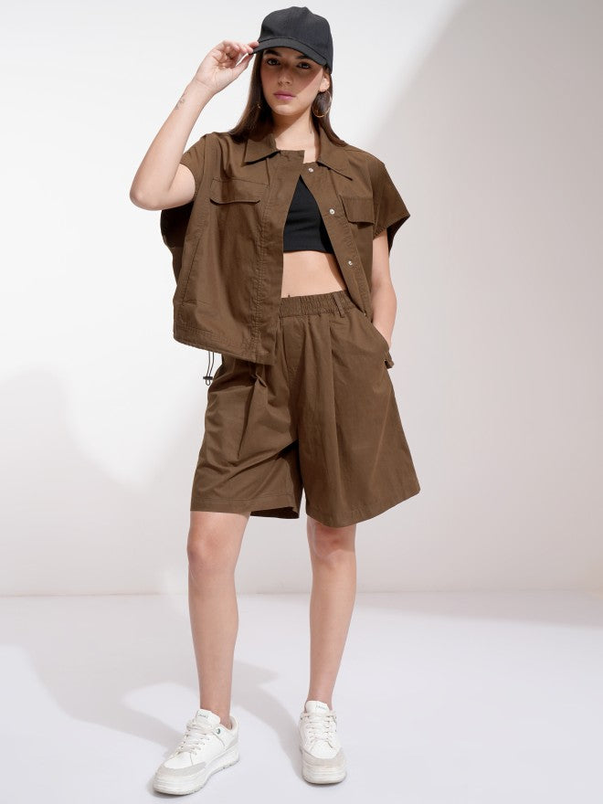 Tokyo Talkies Women Brown Solid Boxy Top - Brown - Image 2