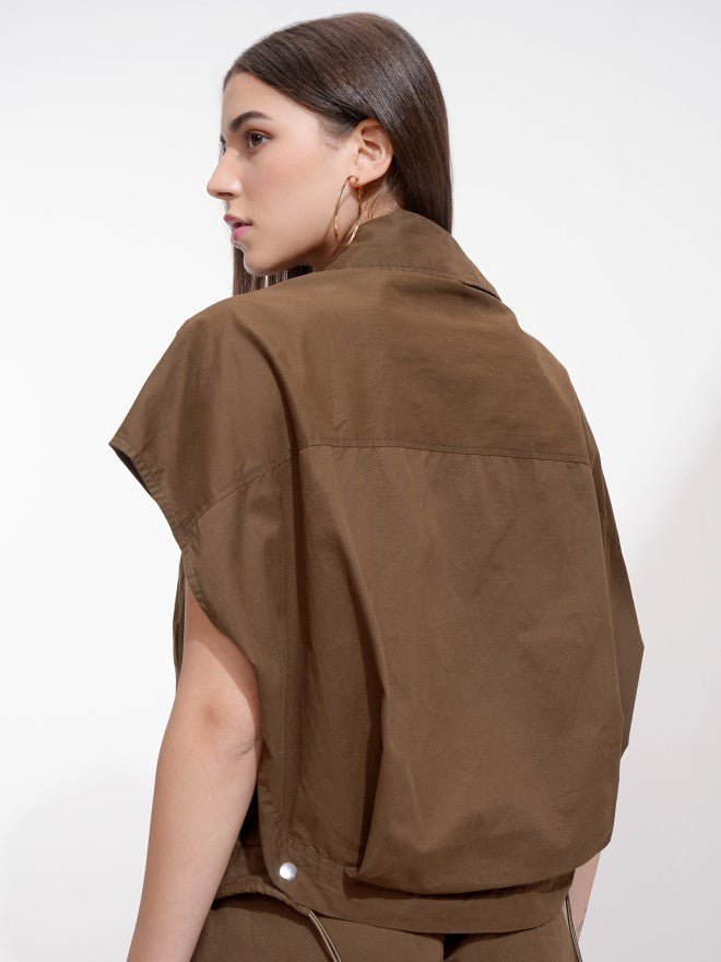 Tokyo Talkies Women Brown Solid Boxy Top - Brown - Image 3