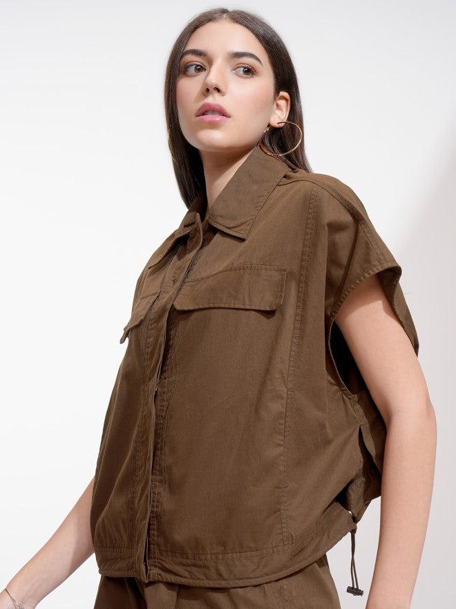 Tokyo Talkies Women Brown Solid Boxy Top - Brown - Image 4