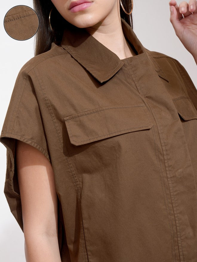 Tokyo Talkies Women Brown Solid Boxy Top - Brown - Image 5