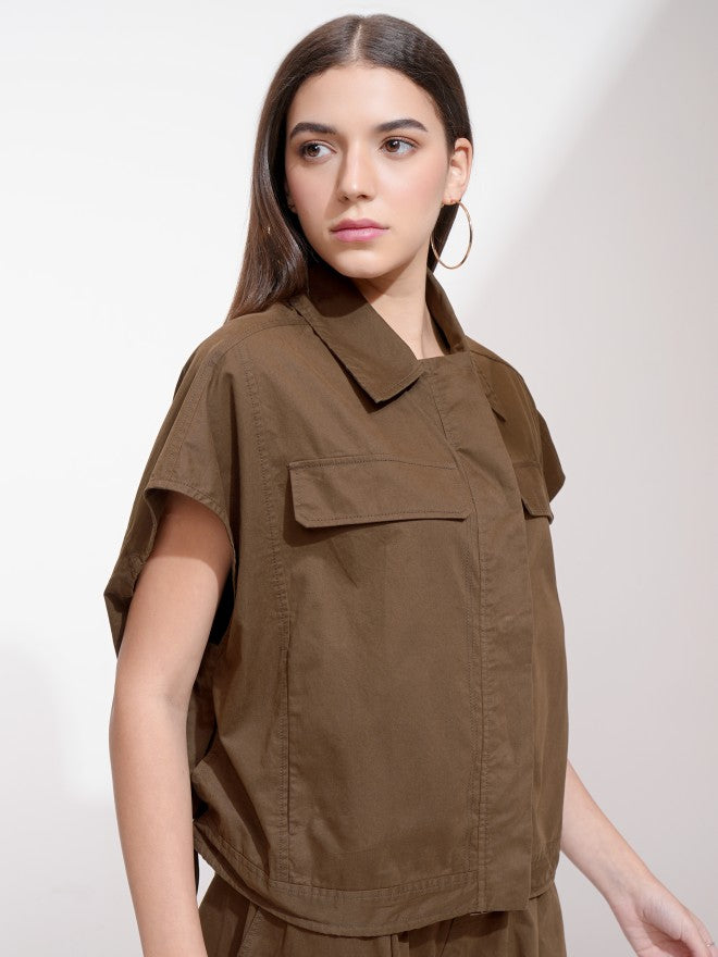 Tokyo Talkies Women Brown Solid Boxy Top - Brown - Image 6
