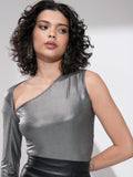 Tokyo Talkies Women Silver Solid Fitted Top - Silver - Image 1