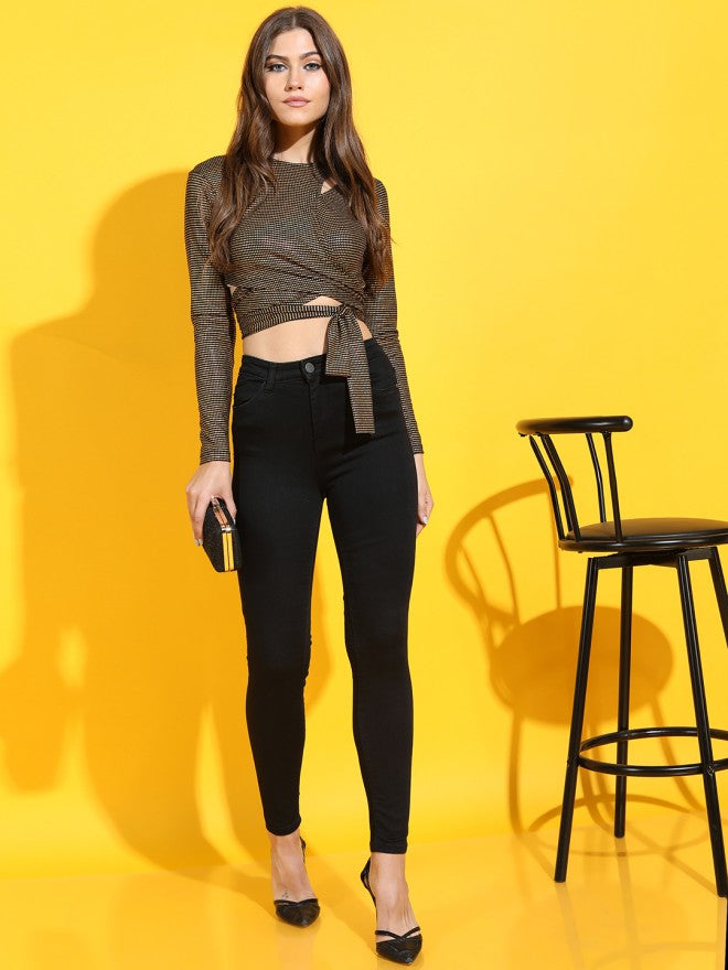 Tokyo Talkies Women Black Printed Fitted Top - Black - Image 1