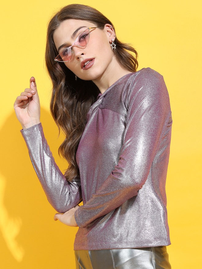 Tokyo Talkies Women Magenta Self Design Fitted Top - Magenta - Image 3