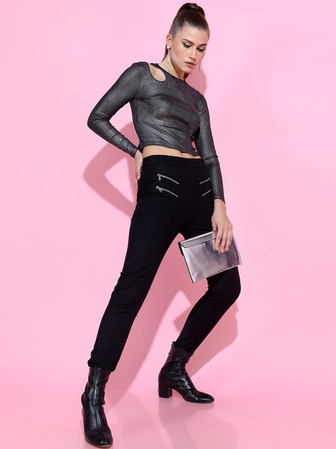 Tokyo Talkies Women Black Solid Fitted Top - Black - Image 1