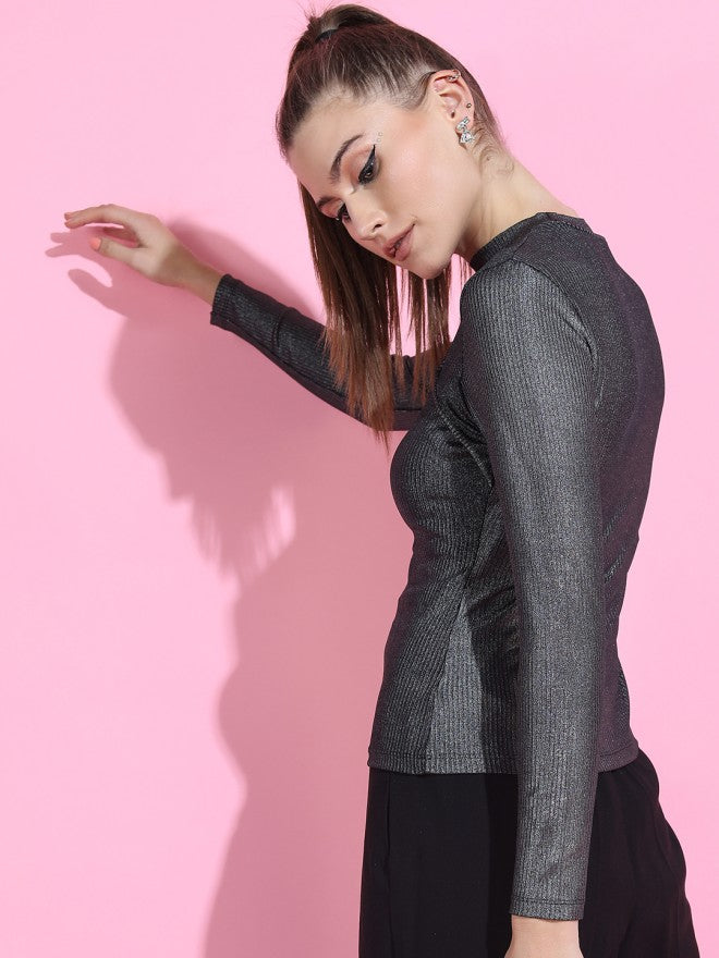 Tokyo Talkies Women Black Solid Fitted Top - Black - Image 2