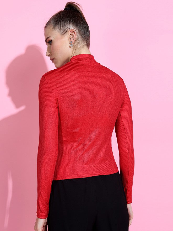 Tokyo Talkies Women Red Solid Fitted Top - Red - Image 2