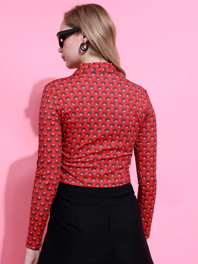 Tokyo Talkies Women Red Printed Shirt Style Top - Red - Image 2