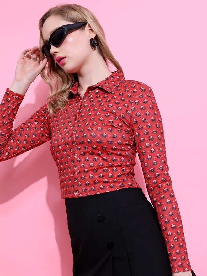 Tokyo Talkies Women Red Printed Shirt Style Top - Red - Image 3