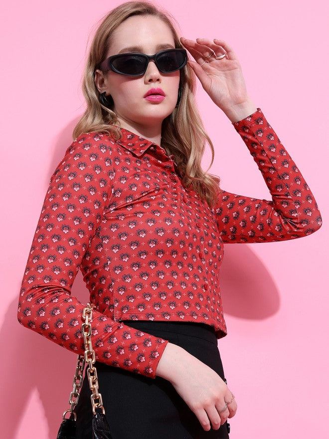 Tokyo Talkies Women Red Printed Shirt Style Top - Red - Image 4