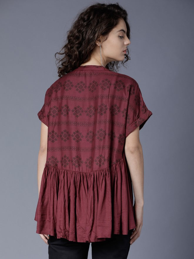 Tokyo Talkies Women Maroon Printed Peplum Top - Maroon - Image 2