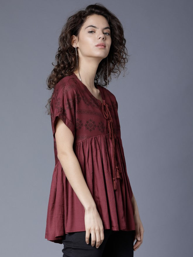 Tokyo Talkies Women Maroon Printed Peplum Top - Maroon - Image 5