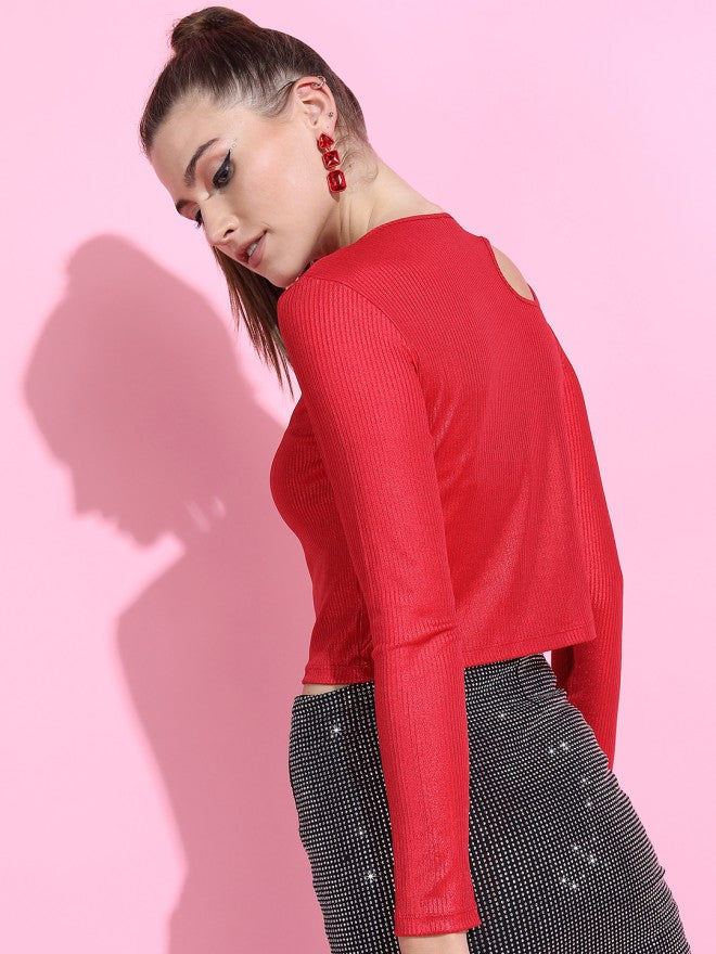 Tokyo Talkies Women Red Solid Fitted Top - Red - Image 2