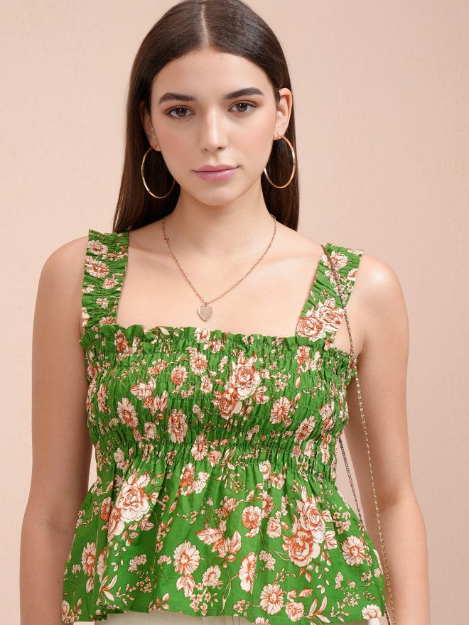 Tokyo Talkies Women Green Printed Peplum Top - Green - Image 1