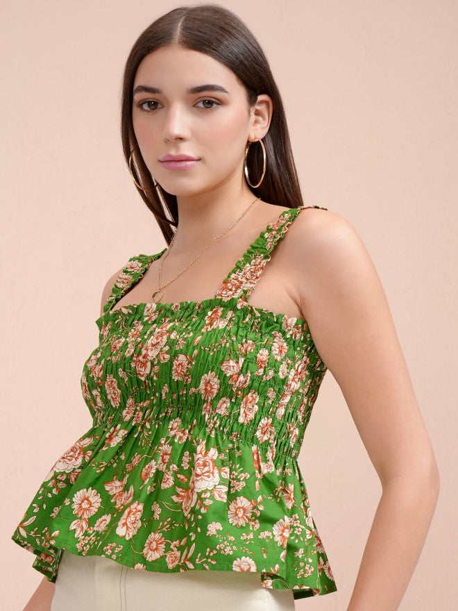 Tokyo Talkies Women Green Printed Peplum Top - Green - Image 4