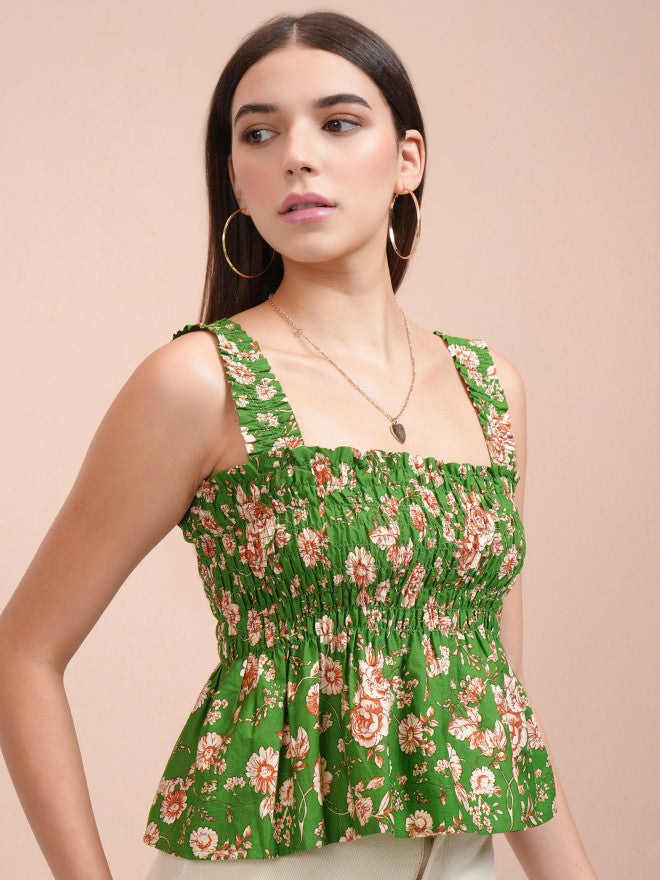 Tokyo Talkies Women Green Printed Peplum Top - Green - Image 6