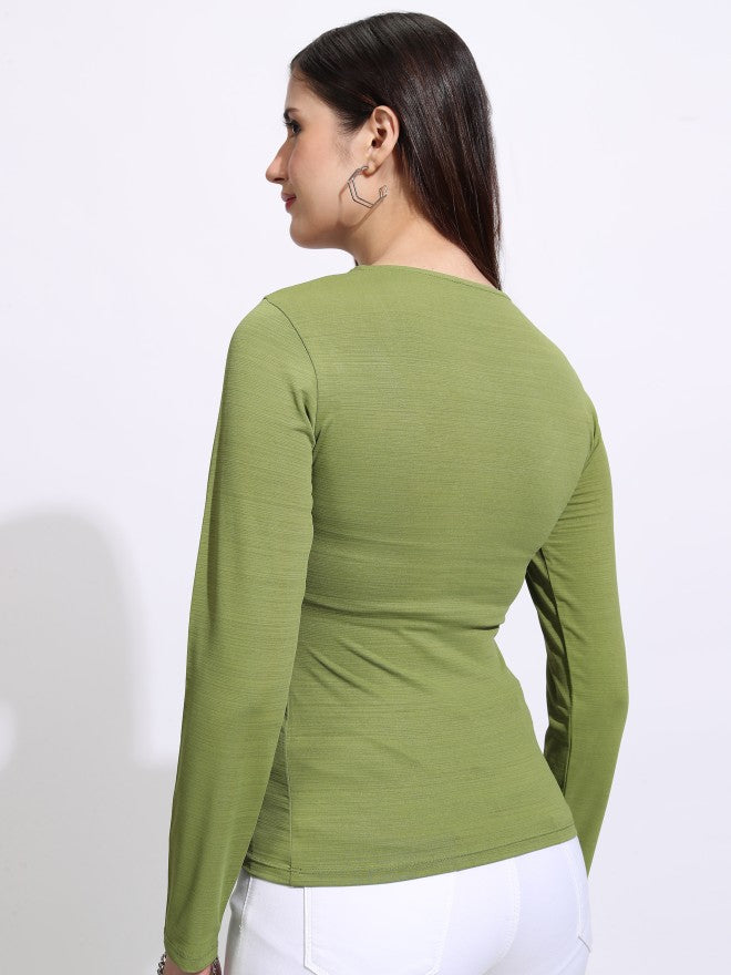 Tokyo Talkies Women Green Solid Fitted Top - Green - Image 3
