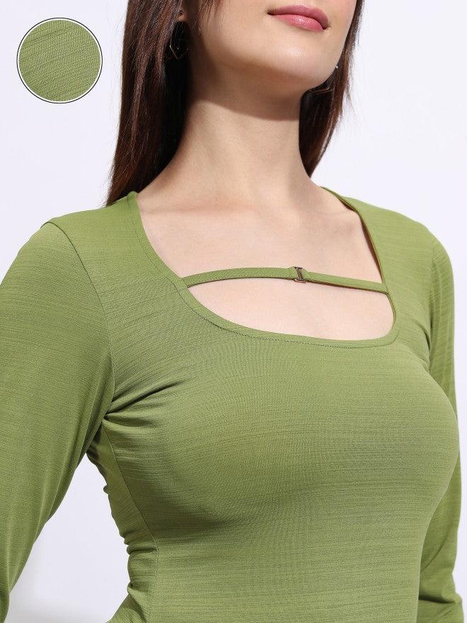 Tokyo Talkies Women Green Solid Fitted Top - Green - Image 5