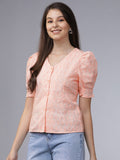 Tokyo Talkies Women Peach Self Design Regular Top - Peach - Image 1