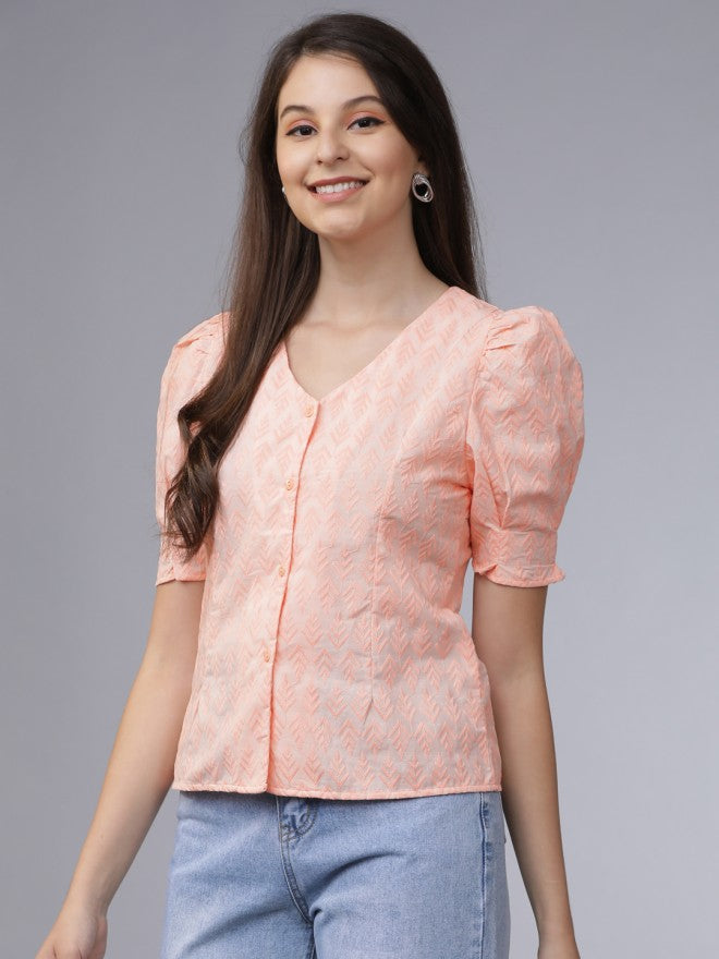 Tokyo Talkies Women Peach Self Design Regular Top - Peach - Image 1