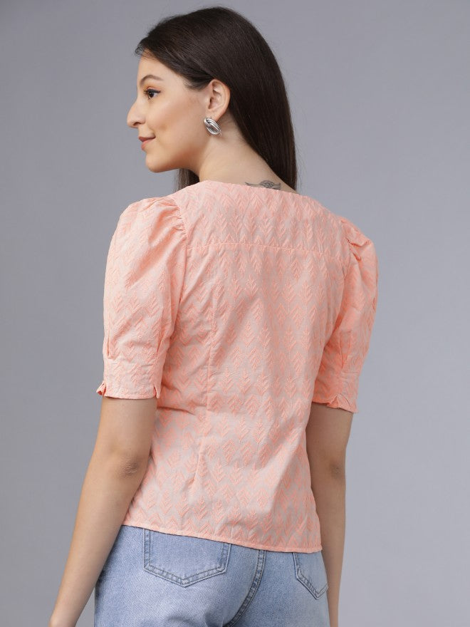 Tokyo Talkies Women Peach Self Design Regular Top - Peach - Image 2